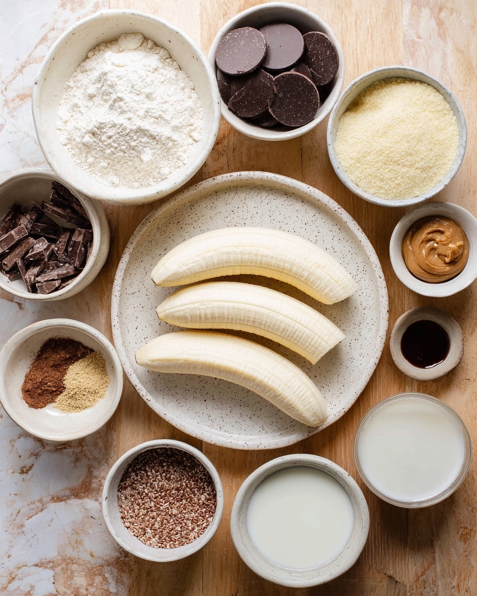 The image shows several white ceramic bowls arranged on a wooden surface. In the center, a white speckled plate holds four peeled bananas with a soft, pale yellow color and a smooth texture. Surrounding this plate are bowls filled with different ingredients: one bowl with off-white flour, another with light yellow almond flour, a bowl with dark brown chocolate discs, a small white bowl with creamy light brown almond butter, a bowl with a mix of spices in shades of brown and pink, a bowl with finely ground flaxseeds in brown tones, a white bowl filled with white milk, a small bowl with clear liquid, and another small bowl with dark vanilla extract. The background and surface are changed to a white marbled texture. photo taken with an iphone --ar 4:5 --v 7