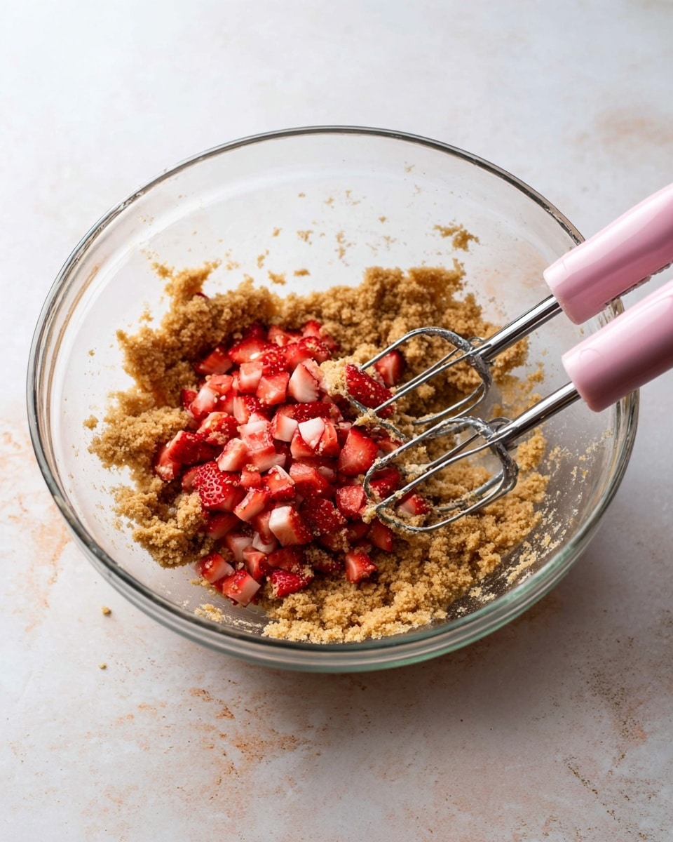 A clear glass bowl holds two main layers: the bottom and larger layer is a crumbly, light brown dough, and the top and smaller layer is made of small red and white pieces of chopped strawberries placed mostly on one side. Two metal beaters from a pink mixer are partially submerged in the bowl, with some dough stuck to the beaters. The bowl rests on a white marbled surface with soft natural lighting. photo taken with an iphone --ar 4:5 --v 7