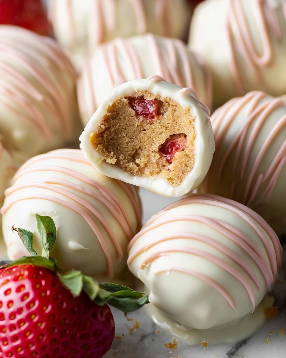 A close-up view of round creamy white truffles coated in smooth white chocolate, each with thin pink drizzle lines on top; one truffle is bitten to show its soft, light brown inside with a bright red piece in the center. The truffles are arranged closely together on a white marbled surface with a fresh red strawberry with green leaves in the lower part of the image. The texture appears smooth on the outside and soft crumbly inside. Photo taken with an iphone --ar 4:5 --v 7