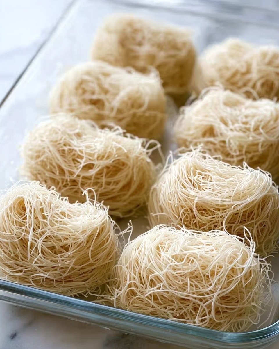 The image shows a clear glass baking dish filled with rows of light beige, thin, noodle-like nests. Each nest is made up of many fine, delicate strands twisted loosely together, creating a fluffy texture. The nests are arranged in neat lines with three rows of four nests visible. The background under the dish is a white marbled texture. The lighting highlights the soft, wispy detail of the noodle strands. photo taken with an iphone --ar 4:5 --v 7