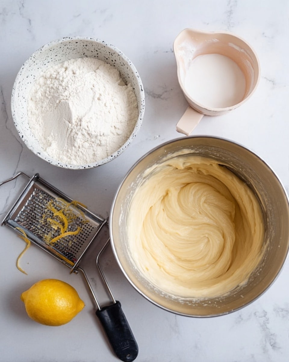 The image shows a baking scene on a white marbled surface with a large silver mixing bowl on the right filled with creamy, smooth, pale yellow batter with swirls made by a mixer attachment inside. To the left of it is a white bowl with dark speckles filled with white flour. Above the flour bowl is a light pink measuring cup with thick white cream inside. On the bottom left, there is a bright yellow lemon placed on a metal grater with a black handle, and some lemon zest is visible on the grater. photo taken with an iphone --ar 4:5 --v 7