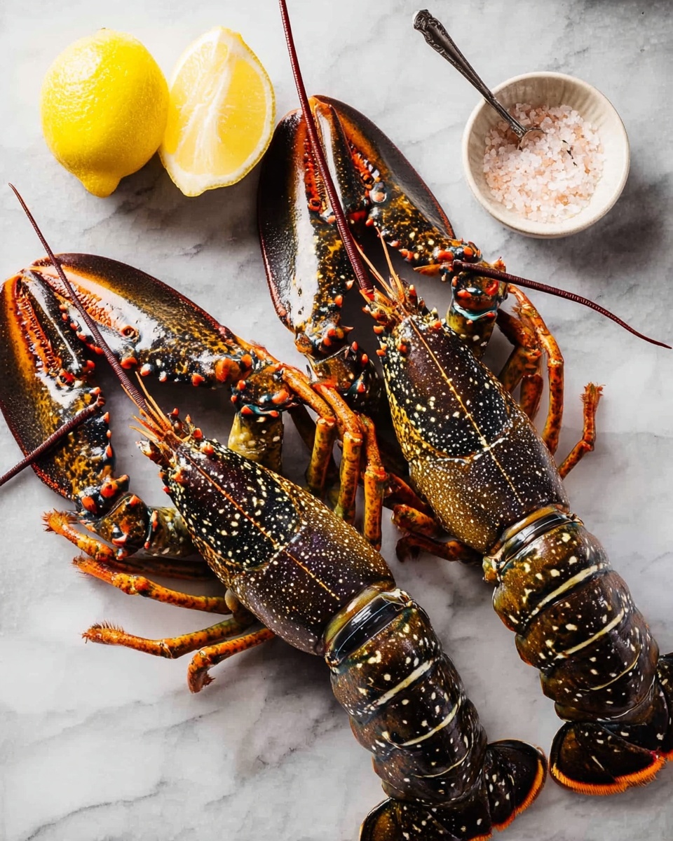 Two whole lobsters with dark shells mottled with white spots and orange legs are placed side by side on a white marbled surface. A halved lemon with bright yellow flesh sits above the lobsters, adding a fresh color contrast. To the right, there is a small white bowl with coarse sea salt and a small spoon resting inside. The lobster shells have a rough texture and the legs are extended in different directions, giving a natural, slightly messy look. Photo taken with an iphone --ar 4:5 --v 7