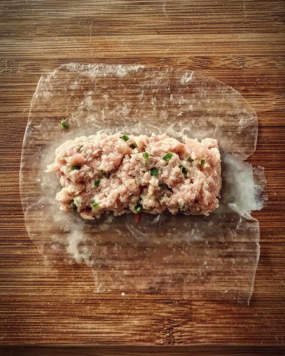 A thin layer of transparent rice paper is laid flat on a wooden surface with a thick, uneven layer of light pink minced meat mixed with small green bits placed in the center of the rice paper in a rough rectangular shape. Photo taken with an iphone --ar 4:5 --v 7