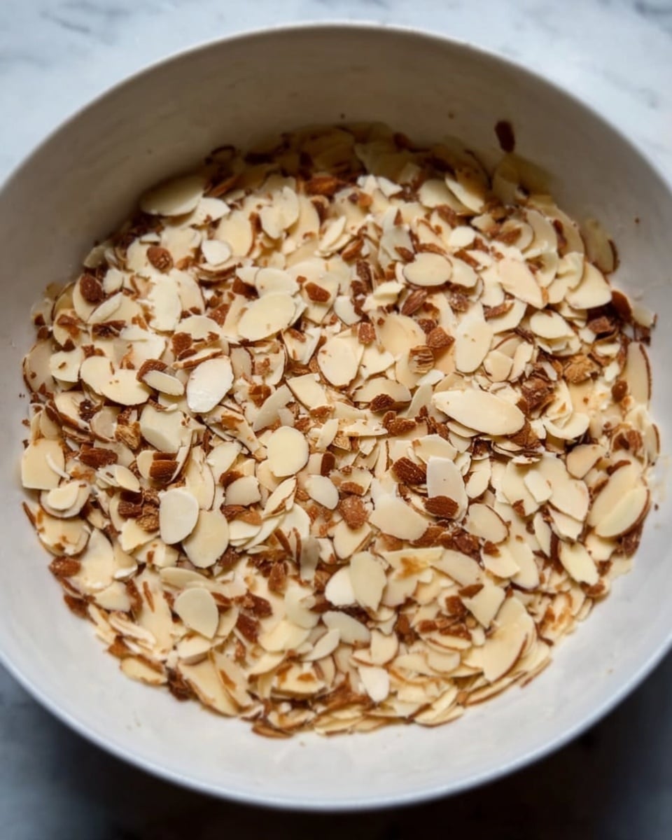 A close-up image shows a white bowl filled with many thin, light tan almond slices with brown edges. The almond slices cover the bowl evenly, creating a rough texture with small pieces overlapping each other. The bowl sits on a white marbled surface. Photo taken with an iphone --ar 4:5 --v 7