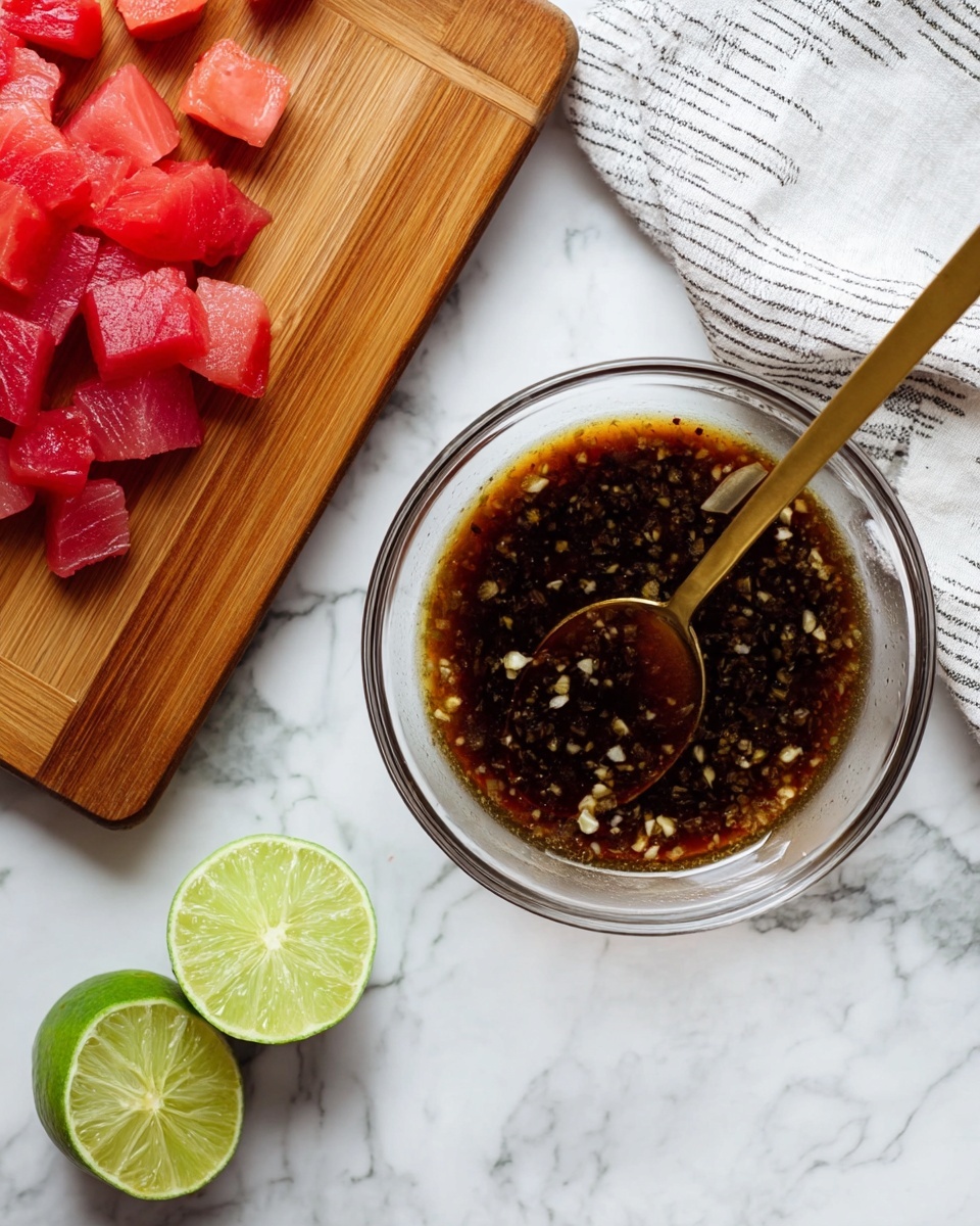 The image shows a clear glass bowl with a dark brown sauce mixed with small pieces of garlic, and a gold spoon resting inside the bowl. To the left, a wooden cutting board holds small cubes of red raw fish with different shades of pink and red. Below the cutting board, there are two halves of a green lime placed on a white marbled surface. In the top right corner, a white and gray striped cloth is partly visible. Photo taken with an iphone --ar 4:5 --v 7
