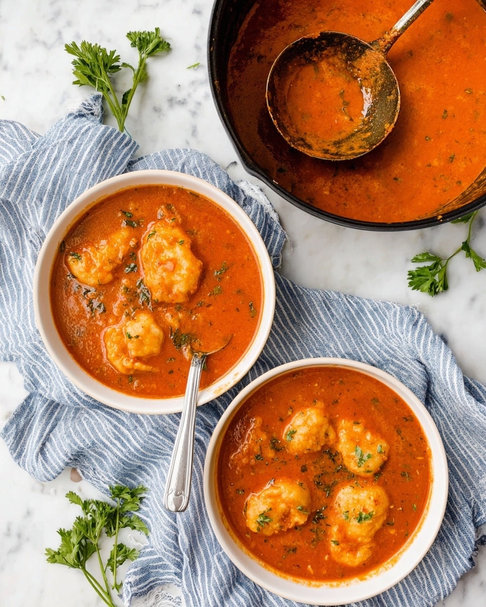 The image shows two white bowls filled with a thick orange-red soup containing soft dumplings floating on the surface. The dumplings are pale and slightly puffy with green herb bits inside. One bowl has a silver spoon resting inside, standing vertically. Above the bowls, there is a black pot partly filled with the same soup and dumplings, with some soup stains on the inner edges and a large ladle covered in soup resting inside. Blue and white striped cloths are underneath the pot and bowls, lying on a white marbled surface. Small green parsley sprigs are scattered around the bowls and pot. Photo taken with an iphone --ar 4:5 --v 7