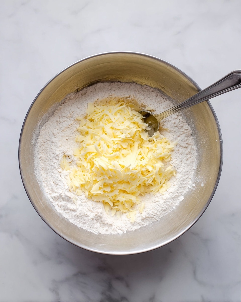 A top-down view of a shiny metal bowl filled with a base layer of white flour that covers the bottom half of the bowl. On top of the flour layer, there is a heap of light yellow shredded butter, with a metal spoon resting partly inside the bowl, its handle extending outside on the right. The bowl sits on a white marbled surface with soft gray veining. photo taken with an iphone --ar 4:5 --v 7