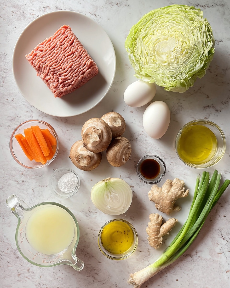 A white plate on the left holds a large, square block of pink ground meat with visible ridges. Above it, a round light green cabbage sits next to two white eggs. Below the cabbage, a clear glass measuring cup filled with pale yellow liquid is placed. To the lower left, a small clear glass bowl contains bright orange carrot slices with ridged edges. Next to it is a half of a white onion with smooth rings. Below the onion, there are seven brown mushrooms with a slightly rough texture. To the right of the mushrooms, a small white bowl filled with yellow oil sits above a small glass bowl with a golden liquid, a small glass bowl with dark brown liquid, and a small clear bowl with a white powder. Near the bottom left corner is a small white bowl holding salt and pepper. Three sprigs of fresh green onions lie diagonally on the bottom right. There are also three cloves of light brown garlic and a piece of ginger root with a rough texture near the onion and measuring cup. Everything is arranged on a white marbled surface. Photo taken with an iphone --ar 4:5 --v 7
