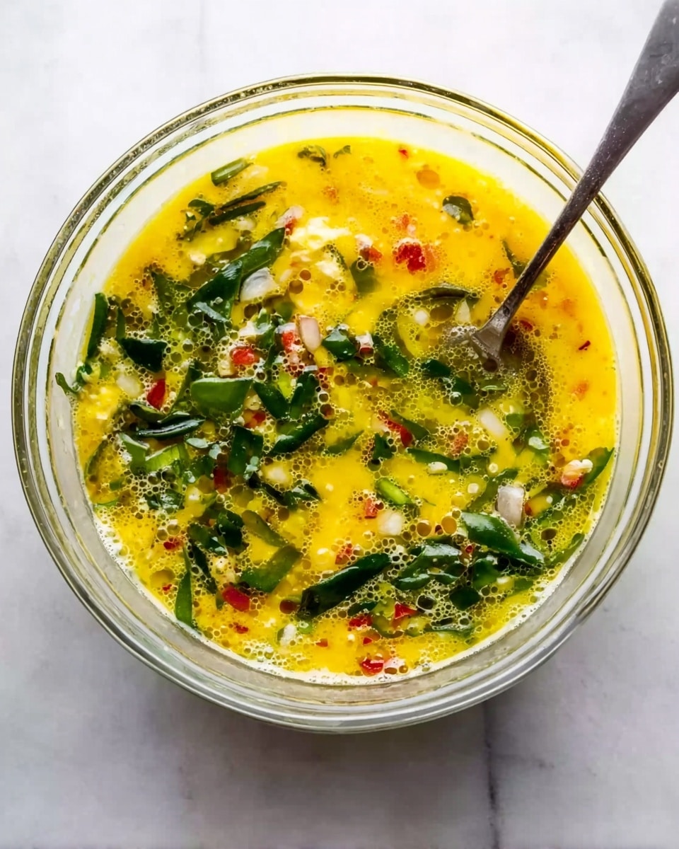 The image shows a clear glass bowl filled with a mixture that looks like beaten eggs with chopped vegetables. The top layer is bright yellow with bubbles, mixed with green leafy pieces, small red bits, and some white seeds scattered throughout. A silver spoon is partially dipped into the mixture on the right side of the bowl. The bowl is placed on a white marbled surface. photo taken with an iphone --ar 4:5 --v 7