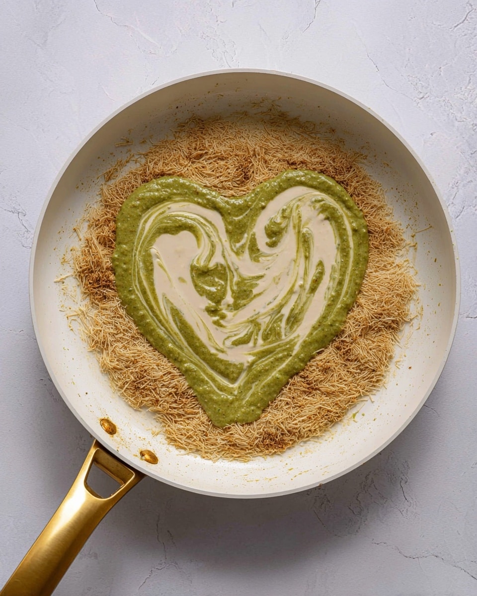 The image shows a white frying pan with a gold handle placed on a white marbled surface. Inside the pan, there is a layer of thin, light brown shredded material covering most of the pan’s bottom. On top of this, there is a green sauce spread roughly in a heart shape, with a cream-colored sauce swirled gently into the green sauce, creating a smooth texture contrast in the center. The focus is on the layering and mixing of the sauces over the shredded base. photo taken with an iphone --ar 4:5 --v 7