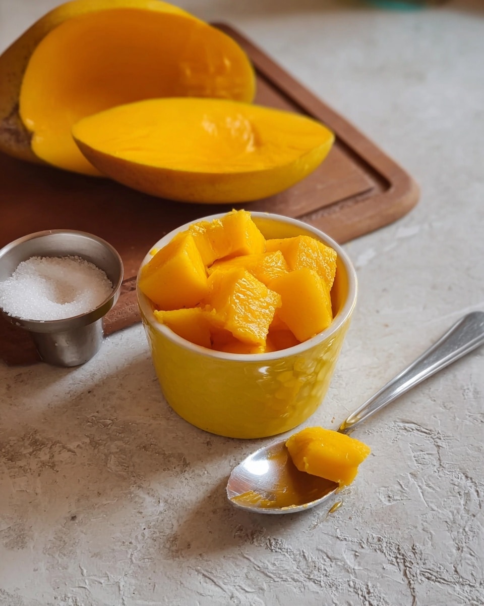 The image shows a small yellow cup filled with bright orange-yellow chunks of mango, placed on a table with a white marbled texture. Next to the cup, there is a half mango shell that is empty, lying on a brown cutting board. A shiny metal spoon with a small piece of mango on it is placed on the marbled surface near the cutting board. In the foreground, there is a small metal container filled with white sugar. The whole setup is lit softly, showing the juicy texture of the mango pieces clearly. Photo taken with an iphone --ar 4:5 --v 7