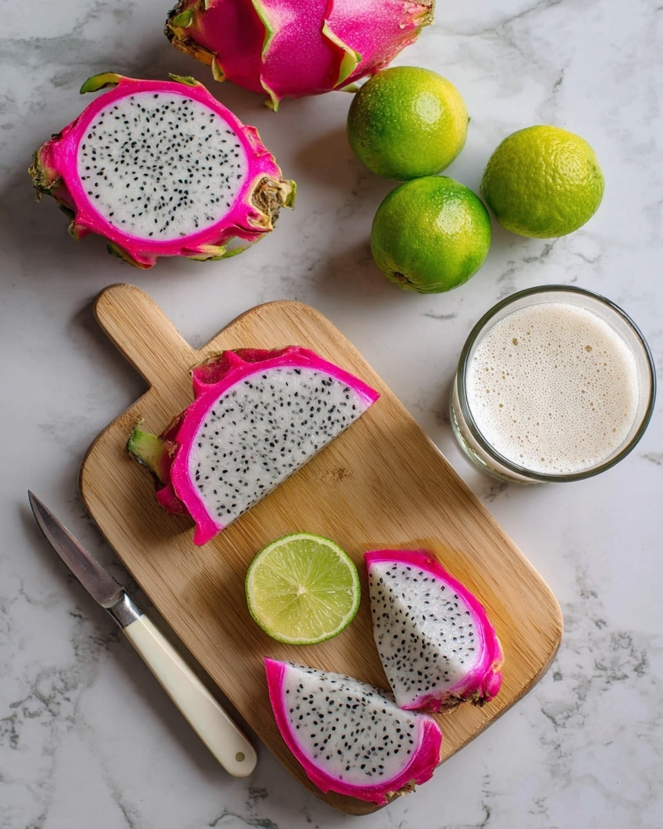 A white marbled surface holds a wooden cutting board with two bright green lime halves placed on top. Next to the lime halves is a small white knife with a silver blade. On the board, slices of dragon fruit show vibrant pink skin and white flesh speckled with small black seeds; one slice is cut into quarters. Above the board, a halved dragon fruit shows its inside with bright pink skin and white speckled flesh. To the right, two whole limes sit beside a glass of clear water and a glass filled with a dragon fruit smoothie that has a light creamy texture with black seeds mixed throughout. Photo taken with an iphone --ar 4:5 --v 7