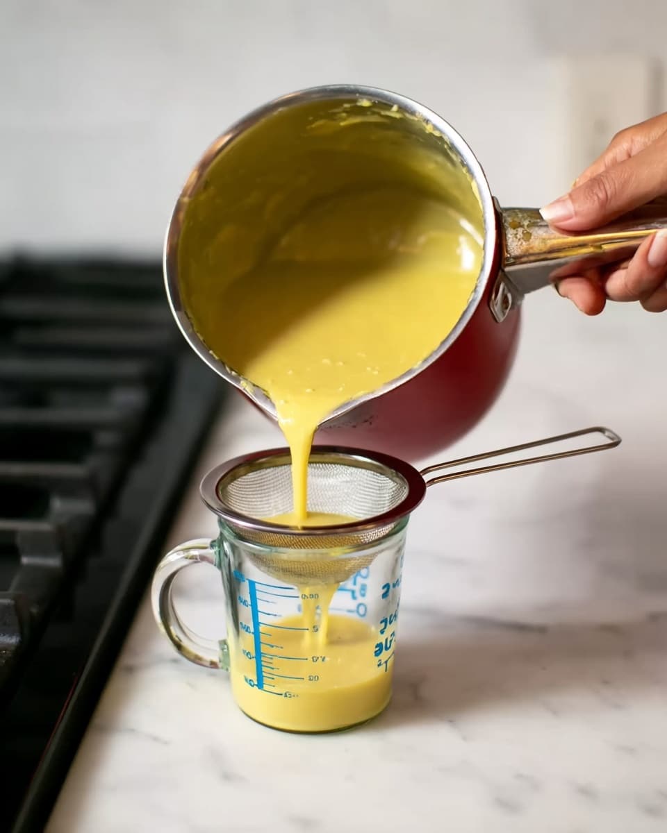 A woman's hand is holding a small pot with a worn red handle, pouring a thick yellow sauce through a small fine mesh strainer into a clear glass measuring cup with blue markings. The measuring cup is placed on a white marbled countertop near a black stove. The sauce flows smoothly from the pot into the strainer and drips into the measuring cup below. The background and surface are clean and simple, focusing on the pouring action. photo taken with an iphone --ar 4:5 --v 7