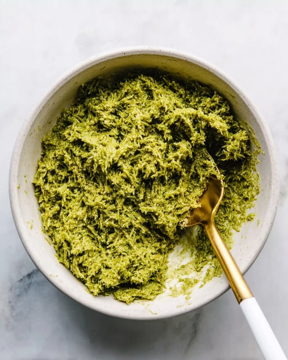 The image shows a white bowl filled with a shredded green mixture that looks soft and moist with a slightly rough texture. A white spoon with a gold handle is partially covered with the green mixture, resting inside the bowl on the right side. The bowl is set on a white marbled surface. The colors are natural with the green being the most dominant. photo taken with an iphone --ar 4:5 --v 7