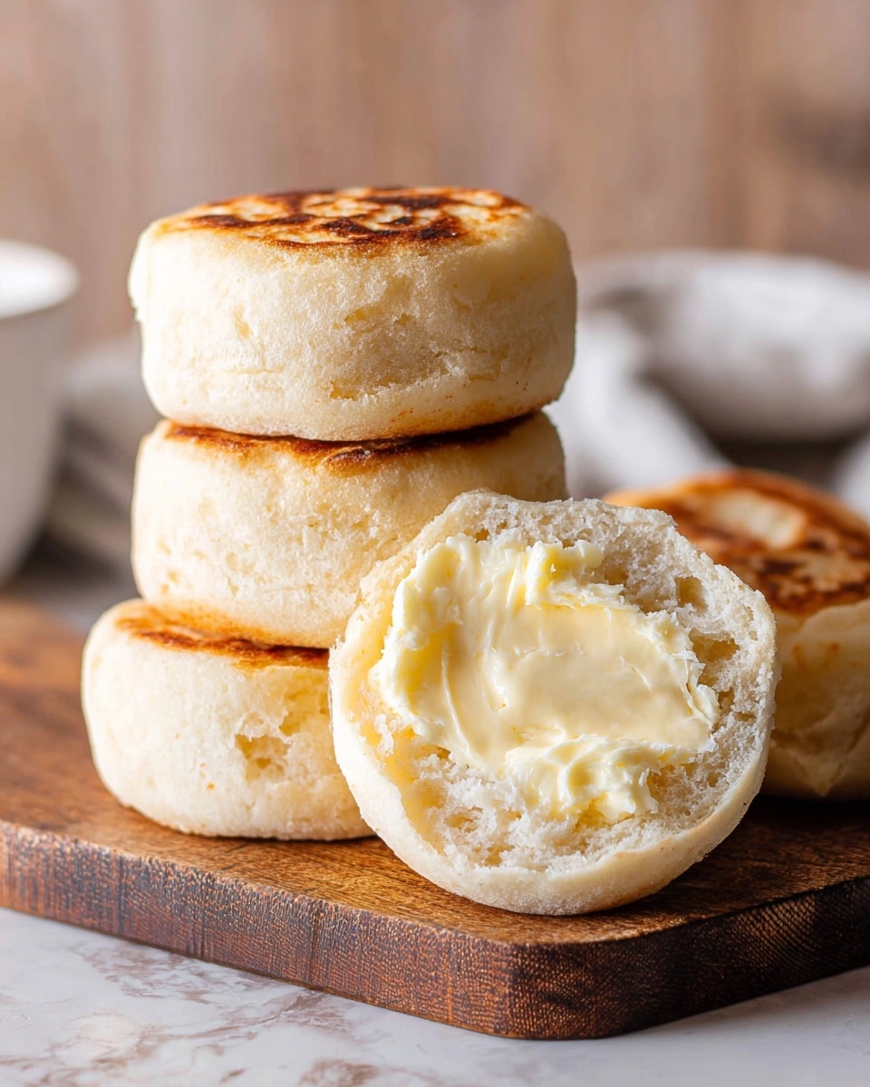 The image shows a stack of four golden brown English muffins on a wooden board with a white marbled texture surface below. The muffins have a light, fluffy texture with slightly crisp and toasted tops in light golden shades. In front of the stack, there is one muffin split open, showing a soft, airy inside with a thick layer of pale butter spread across it. The background is softly blurred with light neutral tones that highlight the muffins’ warm colors. Photo taken with an iphone --ar 4:5 --v 7