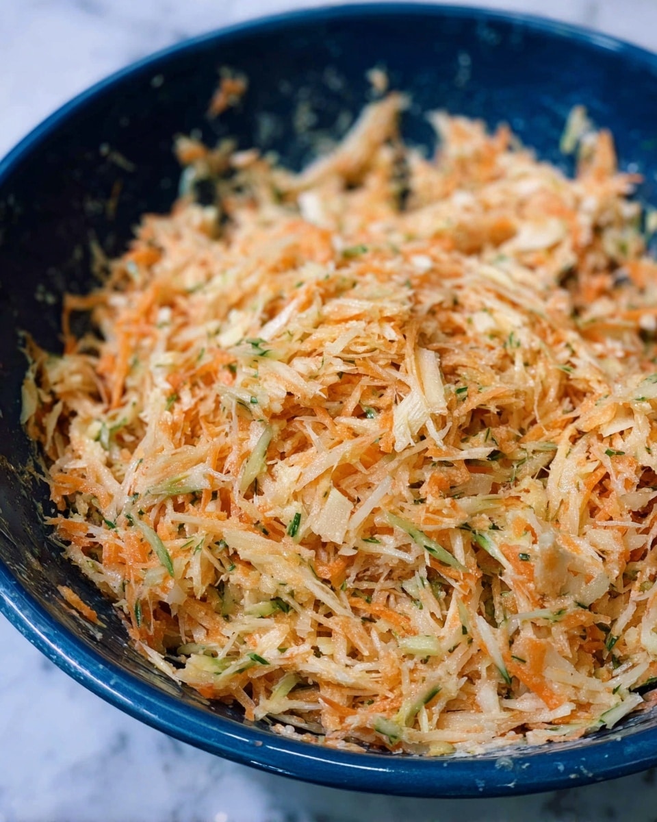 A close-up view of a blue bowl filled with a grated mix of light orange and pale green vegetables, showing a shredded texture with thin, long strands spread evenly throughout. The mixture appears fresh and moist with visible small bits of seasoning, all sitting inside the bowl with some small pieces scattered around the edges. The bowl is set against a white marbled surface, adding a subtle contrast to the colorful vegetable mixture. photo taken with an iphone --ar 4:5 --v 7