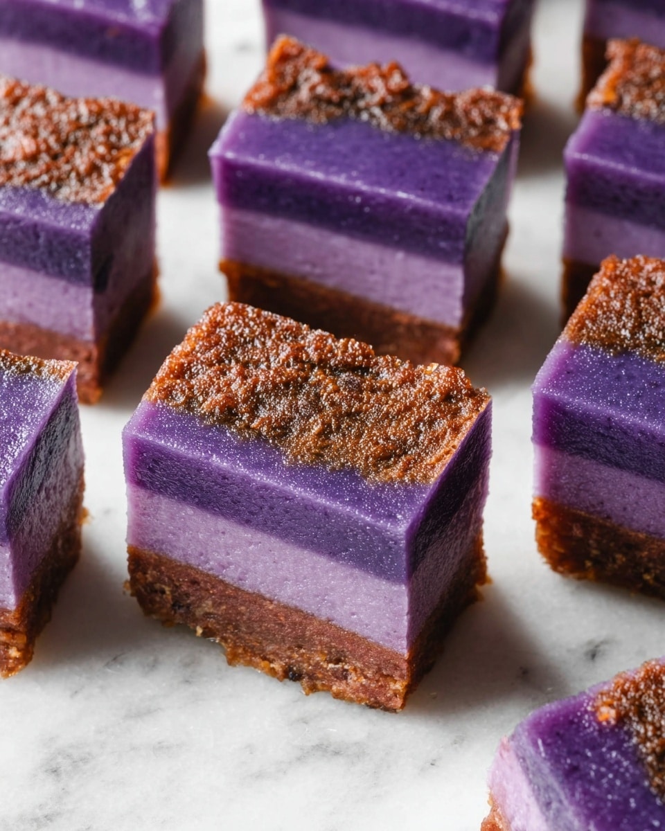 The image shows thick rectangular pieces of a purple dessert with a cracked, browned crust on top. The dessert has two visible layers: a deep purple base with a smooth, moist texture and a golden-brown crust that looks crispy and slightly uneven. One piece is separated and placed close to the main block, showcasing its firm and dense texture. All pieces are on a white marbled surface. photo taken with an iphone --ar 4:5 --v 7