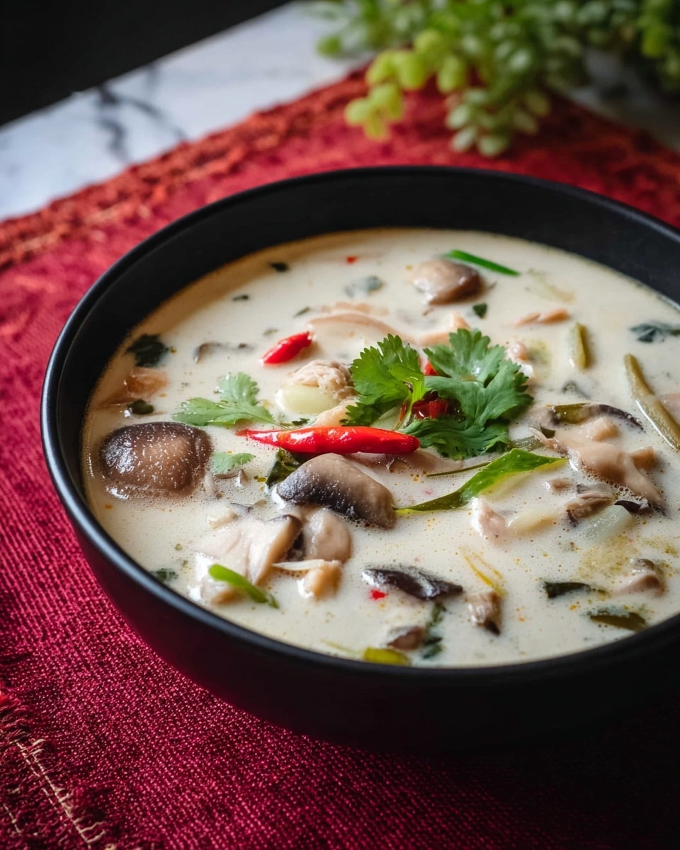 A black bowl filled with a creamy white soup base, containing multiple layers of ingredients including light beige sliced mushrooms, darker brown mushroom pieces, thinly sliced white root vegetables, small red chili, green sliced herbs, and a small sprig of fresh green cilantro placed on top. The bowl is resting on a red textured cloth over a white marbled surface, with a small green plant blurred in the background. Photo taken with an iphone --ar 4:5 --v 7