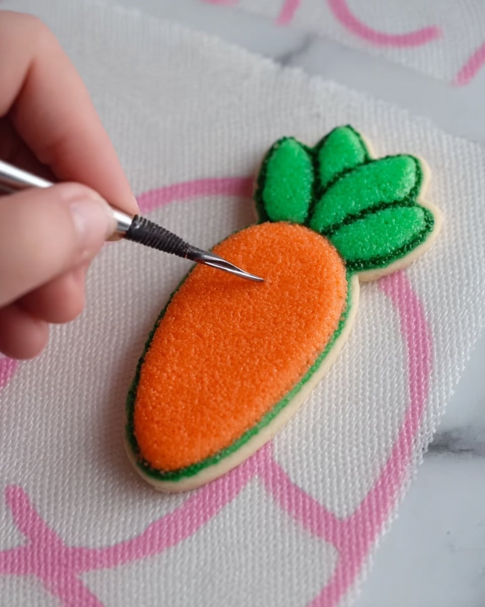 The image shows a close-up of a woman's hand holding a small metal tool carving the edge of an orange and green cookie shaped like a carrot. The bottom layer of the cookie is a smooth, bright orange oval with slightly rounded edges, topped with a textured green layer shaped like three leaves at the top. The cookie rests on a white surface with pink circle and line designs, which is set on a white marbled texture background. Photo taken with an iphone --ar 4:5 --v 7