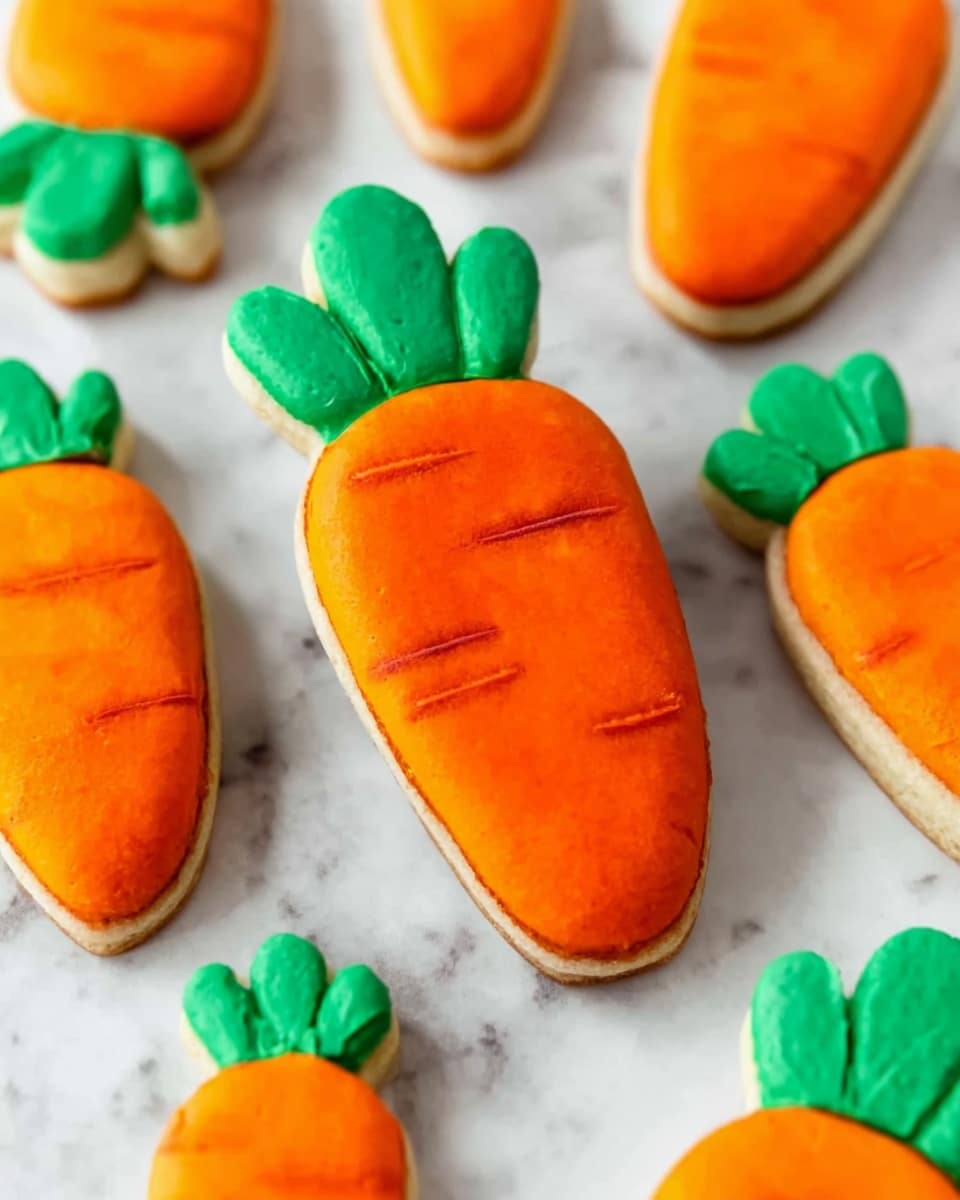 The image shows several carrot-shaped cookies placed on a white marbled surface. Each cookie has two layers: the top layer is a smooth, bright orange shaped like a carrot with subtle darker orange lines to show texture, and the bottom layer is green representing carrot leaves with a slightly rough texture and jagged edges. The largest cookie is in the center, surrounded by smaller cookies, all with the same two-layer structure and consistent bright orange and green colors. photo taken with an iphone --ar 4:5 --v 7