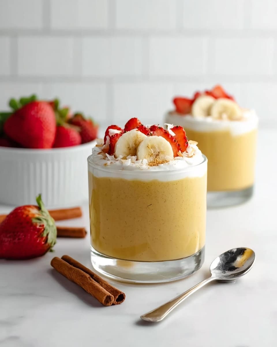 The image shows a clear glass filled with a smooth yellowish-brown creamy pudding, topped with a thick white cream layer. On top of the cream, there are sliced strawberries and banana pieces arranged neatly along the edge, with some toasted coconut flakes sprinkled over. In the background, another similar glass is slightly out of focus, and a white bowl filled with fresh whole strawberries sits further back. Two cinnamon sticks lie flat on the white marbled surface next to the glass, with a shiny silver spoon placed to the right. A woman's hand holds the spoon from the handle side. The background includes white subway tiles blurred softly. photo taken with an iphone --ar 4:5 --v 7