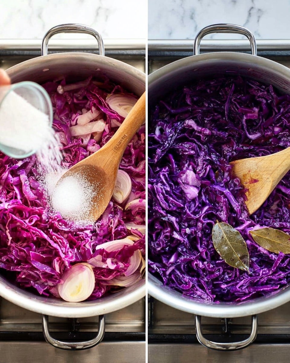 The image shows two side-by-side photos of a pot on a stove, both featuring shredded purple cabbage. In the left photo, the pot is filled with raw, bright purple cabbage strips mixed with some onion pieces and a bay leaf, while a woman's hand is pouring in white granulated salt from above. A wooden spoon rests inside the pot on the right side. In the right photo, the cabbage has cooked down, becoming a darker, softer purple with a more uniform texture, still showing the bay leaf and sliced onions, and the wooden spoon is stirring the softened cabbage. The stove and pot are silver, and the background is replaced with a white marbled surface. Photo taken with an iphone --ar 4:5 --v 7