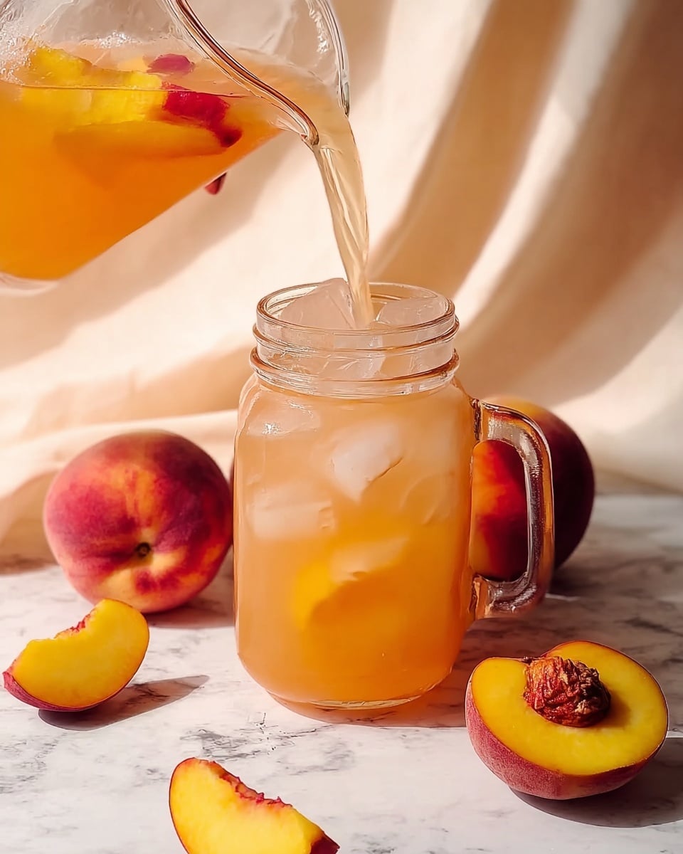 A clear glass jar with a handle is being filled with light orange peach drink from a glass pitcher. Inside the jar, there are ice cubes and a slice of yellow peach with red near the stone on the side. Around the jar on the white marbled surface, there are whole peaches and peach halves showing yellow flesh with reddish centers. The background has soft, creamy fabric with gentle folds. photo taken with an iphone --ar 4:5 --v 7