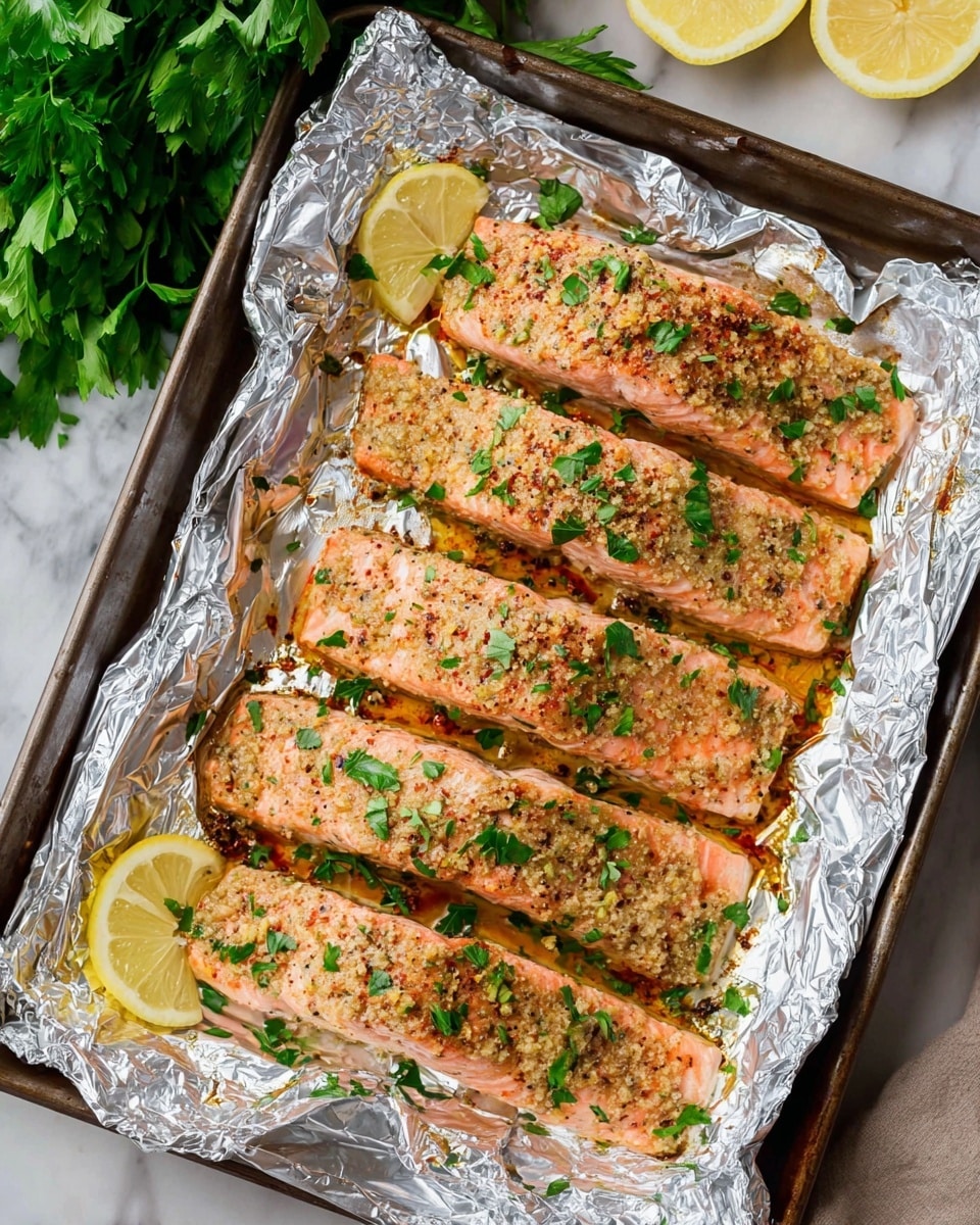 The image shows a metal baking tray lined with silver foil, holding five cooked salmon fillets arranged side by side. Each salmon fillet is a soft pink color with a textured surface from a grainy mustard glaze that covers the top, sprinkled with small pieces of fresh green herbs. In the bottom left corner of the tray, there are two lemon wedges with pale yellow flesh and white rinds. The tray rests on a white marbled surface, with a bunch of fresh green parsley nearby and a cut lemon partially visible in the top left corner. The overall look is warm and fresh, with a mix of soft and coarse textures on the fish. Photo taken with an iphone --ar 4:5 --v 7