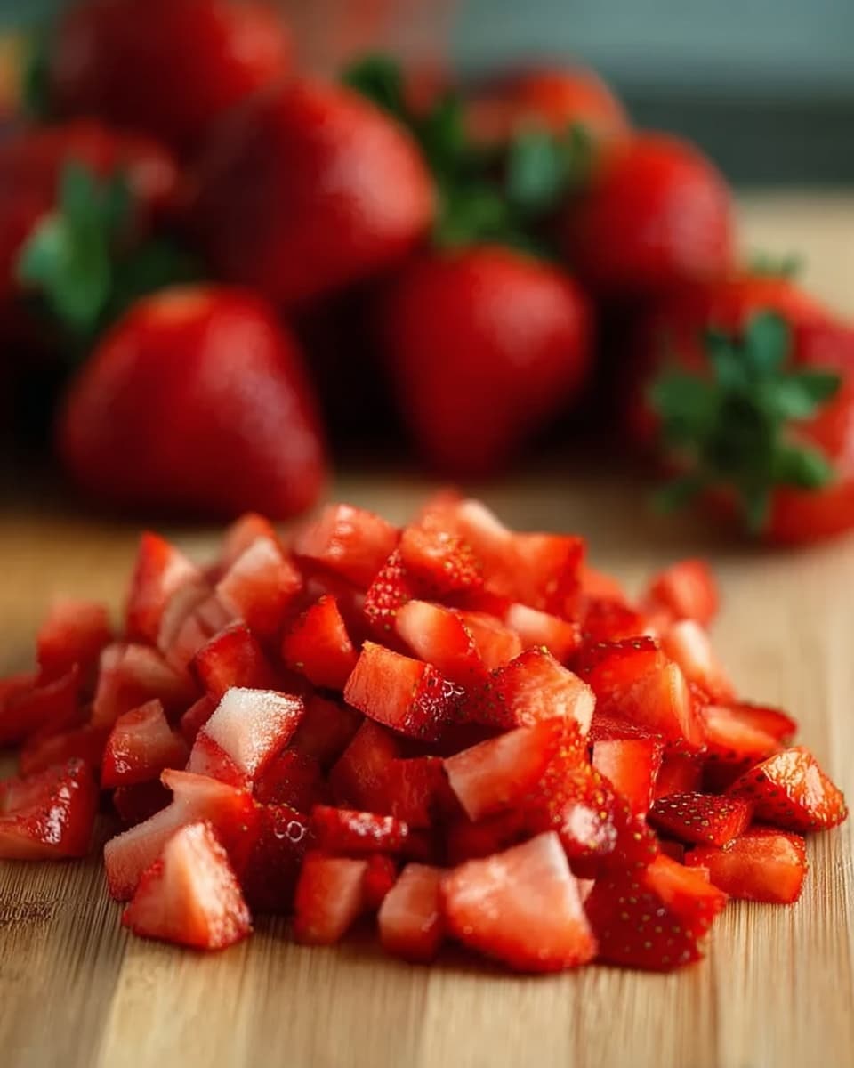 The image shows a wooden surface with a pile of small, bright red strawberry pieces in the front, cut into different shapes like small cubes and slices. Behind this pile, there is a group of whole strawberries with green leaves on top, slightly out of focus. The strawberries look fresh and juicy with tiny seeds visible on their skin. The background is soft and blurred, making the strawberries the main focus. photo taken with an iphone --ar 4:5 --v 7