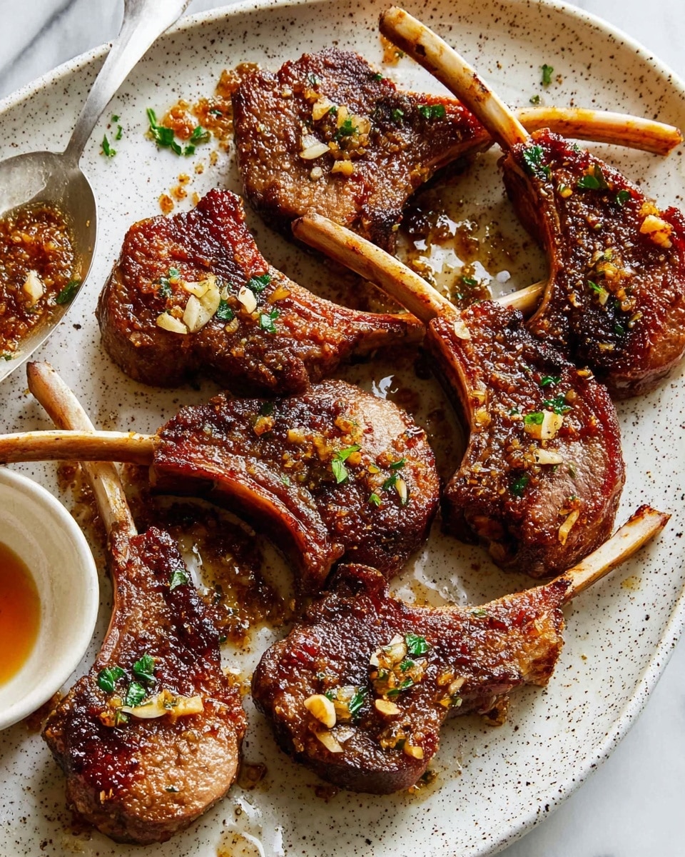 The image shows eight cooked lamb chops arranged closely on a white speckled oval plate, placed on a white marbled surface. Each lamb chop has a well-browned, crispy texture with visible pieces of golden garlic and small green herb leaves sprinkled on top. The meat has a rich brown color with slightly charred edges and white bones sticking out, some angled upwards. Near the side of the plate, there is a small white bowl with a golden brown dipping sauce and a silver spoon resting beside it. The whole scene is bright and sharp, showing the juicy and seasoned look of the lamb chops photo taken with an iphone --ar 4:5 --v 7
