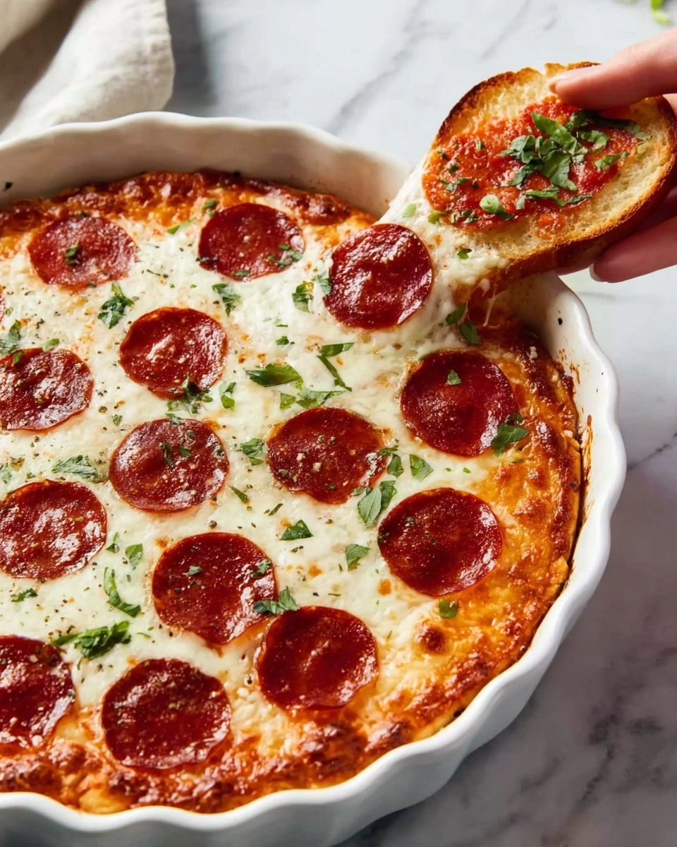 A round baked pepperoni pizza with one visible layer of melted cheese that is creamy white and slightly browned on top, covered with evenly spaced dark red, shiny pepperoni slices. Fresh green herbs are scattered over the cheese, adding small pops of color. The crust is golden brown and slightly thicker around the edge. The pizza sits in a white fluted ceramic dish on a white marbled surface. A woman's hand is holding a toasted, round slice of bread topped with melted cheese, red sauce, and herbs, close to the dish. Photo taken with an iphone --ar 4:5 --v 7