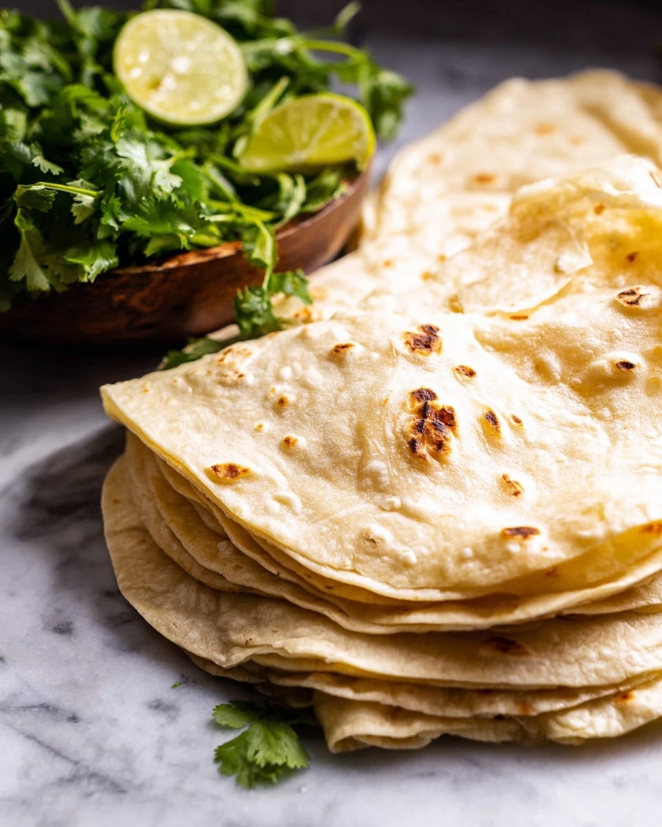 A close-up view of a stack of about seven light golden tortillas, each with a soft, slightly uneven texture and small brown char spots scattered across the surface, arranged in a loose pile with some folded and overlapping. Behind the tortillas, there is a bowl filled with fresh green cilantro leaves and green lime wedges, showing a mix of vibrant and deep greens. The entire scene is set on a white marbled surface, adding a clean and bright contrast to the warm tones of the tortillas and the fresh greens, photo taken with an iphone --ar 4:5 --v 7