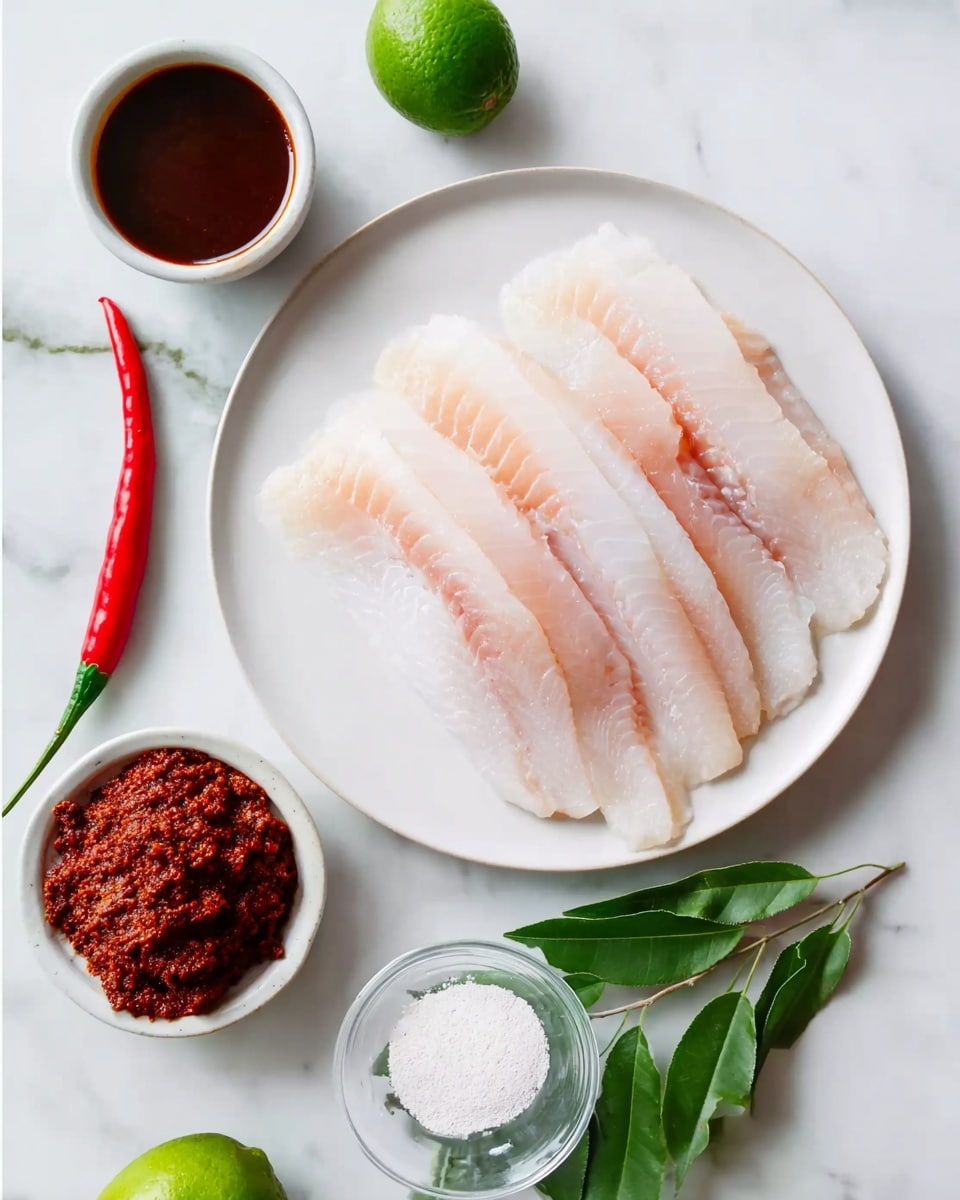 A white plate shows four raw, thin fish fillets arranged in a slightly overlapping fan shape, each with a pale pink and white color and smooth texture. On the top edge of the plate sits a small white bowl filled with dark brown sauce, and near the bottom left is another small white bowl containing a thick, dark red paste with a coarse texture. A clear glass bowl holding a small amount of white powder sits just below the paste. Around the plate, on a white marbled surface, are fresh green leaves, a whole bright red chili, and a green lime. The whole setup is simple and clean, focused on the raw ingredients. photo taken with an iphone --ar 4:5 --v 7