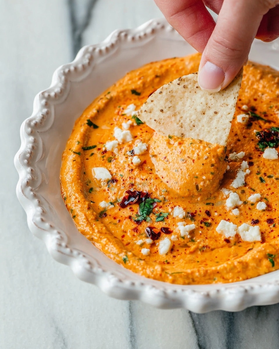A white bowl with carved edges holds a thick orange dip with a creamy, slightly textured surface and small green herb pieces mixed throughout. White crumbly cheese and dark red chili flakes are scattered on top. A woman's hand dips a triangular, soft, lightly toasted tortilla chip into the dip. The bowl sits on a white marbled surface. photo taken with an iphone --ar 4:5 --v 7