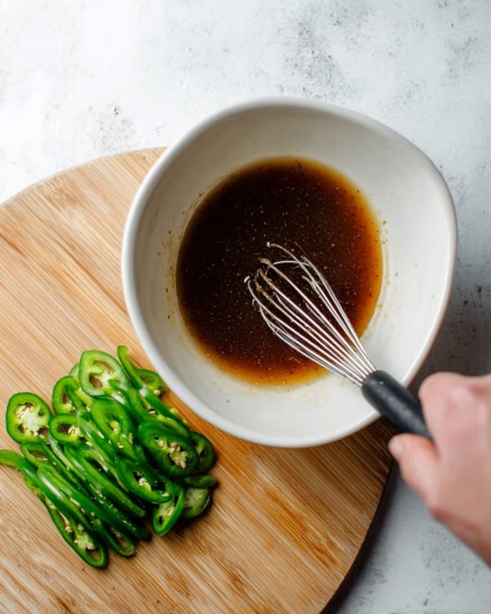 A white bowl contains a dark brown liquid being whisked by a woman's hand holding a whisk with a black handle; next to the bowl, on a white marbled surface, there is a light wooden board with sliced green jalapeño peppers arranged in rows. Photo taken with an iphone --ar 4:5 --v 7