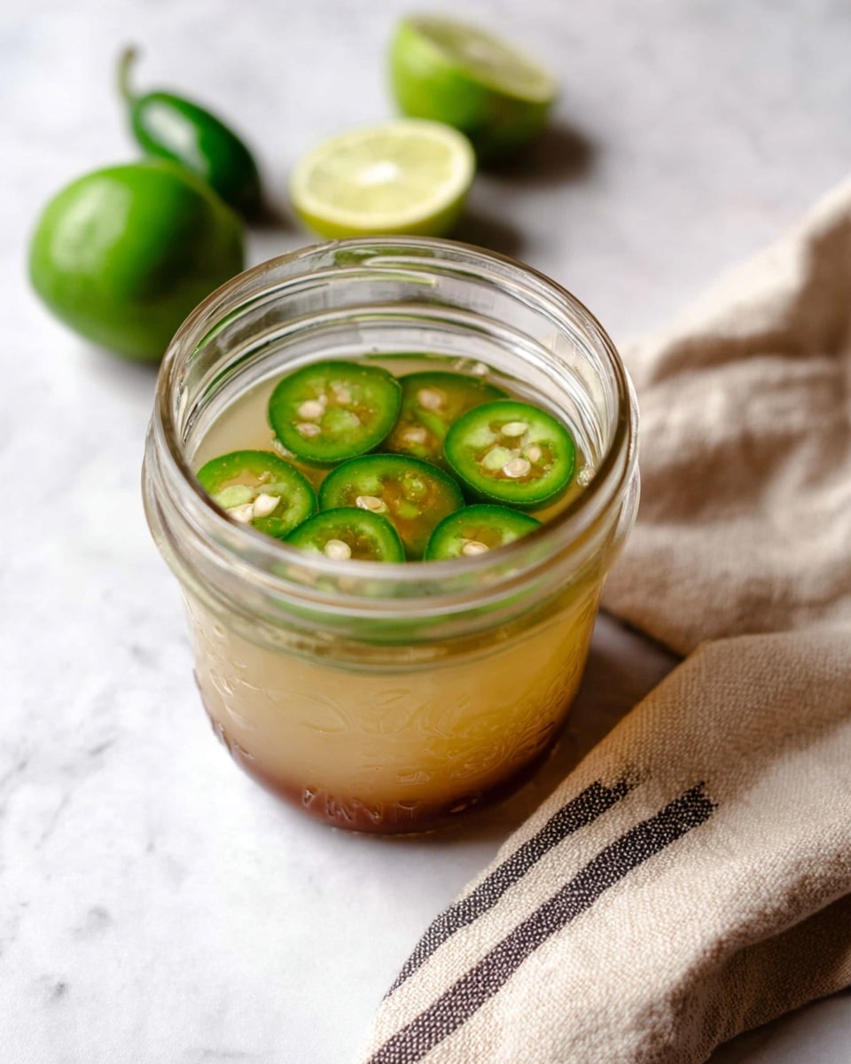 A clear glass jar is filled with a two-layer sauce. The bottom layer is light brown and somewhat thick, while the upper layer is a thin, light yellow liquid with floating slices of bright green jalapeño peppers with visible seeds. The jar sits on a white marbled surface. Next to the jar, there are two whole green jalapeño peppers and two whole green limes. A beige cloth with dark stripes is placed near the jar. Photo taken with an iphone --ar 4:5 --v 7
