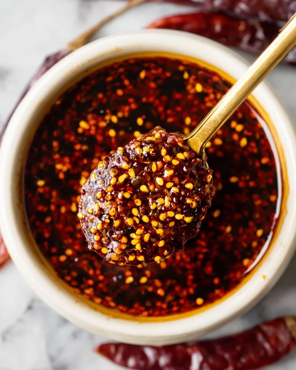 A close-up image of a white bowl filled with dark red chili oil that contains many bright yellow chili seeds floating on top. A golden spoon holds a thick scoop of the chili oil and seeds, showing a textured surface with a mix of deep red oil and yellow seeds. The bowl is placed on a white marbled surface, and there are a few dried red chili peppers in the background, slightly out of focus. The overall look is rich and spicy with vibrant colors. photo taken with an iphone --ar 4:5 --v 7