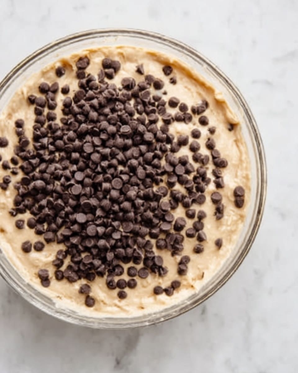 A clear glass bowl sits on a white marbled surface, filled with a creamy beige mixture. On top of the mixture, a large amount of small dark brown chocolate chips are spread evenly across the surface. The texture of the creamy mixture looks smooth and thick, while the chocolate chips add a rough, dotted pattern to the top layer. photo taken with an iphone --ar 4:5 --v 7