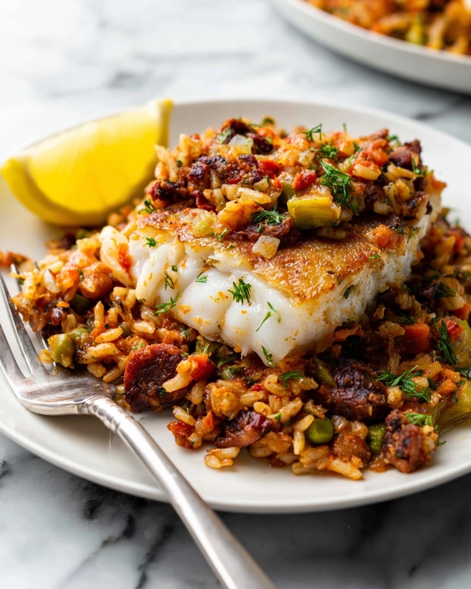 A white plate holds a dish with three main layers: the base layer is brown rice mixed with small pieces of dark sausage and bits of green vegetables, the middle layer consists of white flaky fish with a grilled, slightly brown top crust, and the top layer is a chunky sauce made of orange, red, and green vegetables spread over the fish and rice. Next to the food on the plate is a wedge of bright yellow lemon. A silver fork rests on the left side of the plate, with a white marbled surface beneath. Photo taken with an iphone --ar 4:5 --v 7