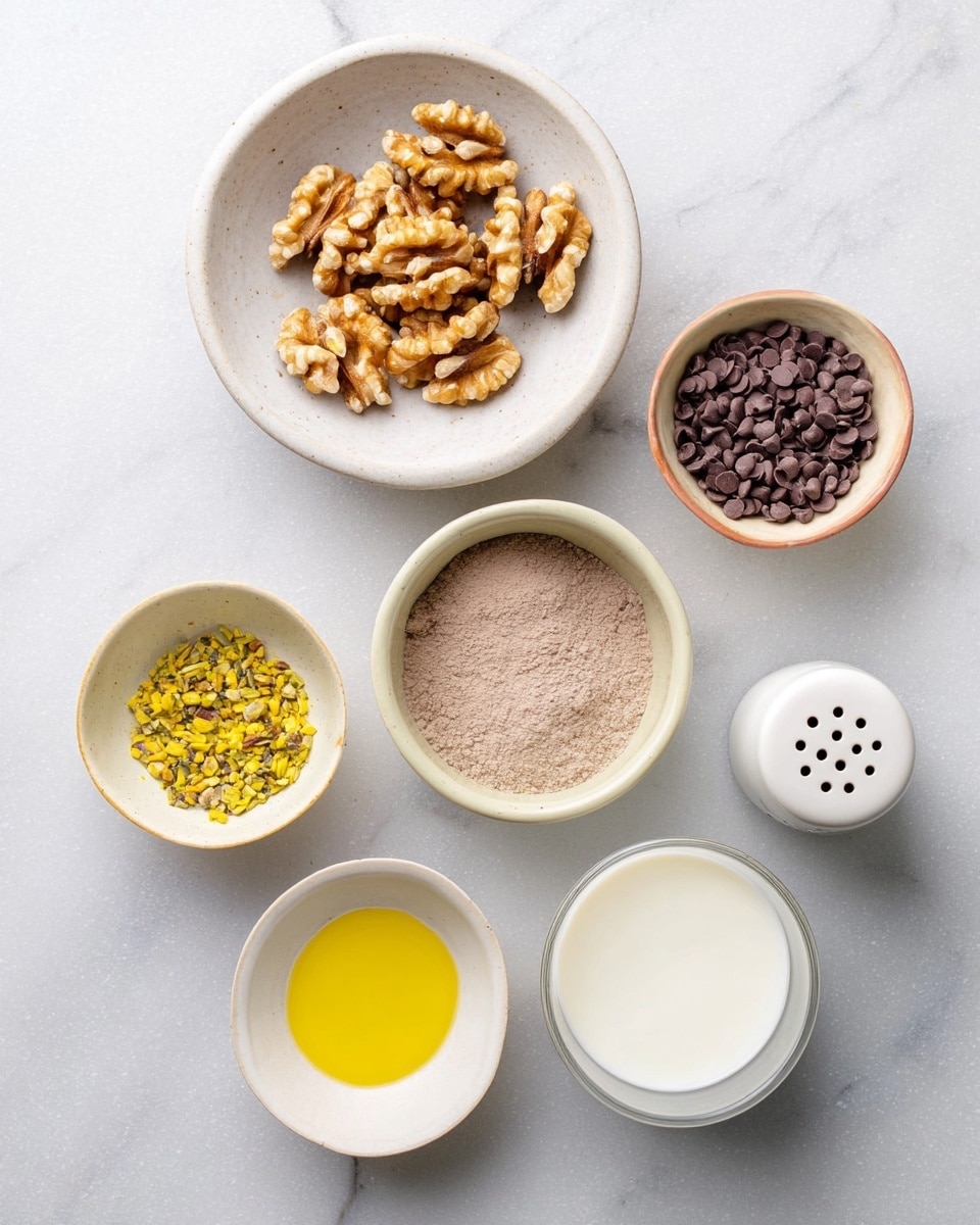 Seven small white bowls with different ingredients are placed on a white marbled surface. The top bowl holds light brown walnuts with rough texture. Below it to the left is a bowl filled with small, round dark chocolate chips with a smooth shiny surface. To the right is a bowl containing a light brown powder. Below these, to the left, a bowl has small chopped yellow-green nuts. To the right, a bowl holds white milk with a smooth surface. At the bottom left, a small bowl contains a small amount of golden-yellow oil with a shiny surface. Near the bottom right, there is a white shaker with holes on top. photo taken with an iphone --ar 4:5 --v 7