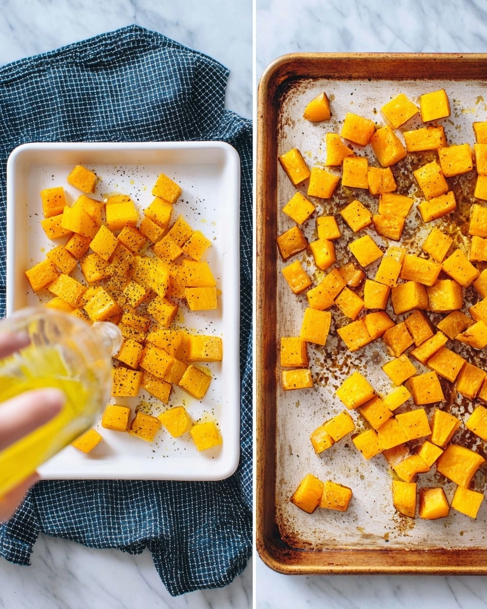 The image shows two photos side by side on a white marbled surface. On the left, a white tray holds raw orange squash cubes sprinkled with black pepper and drizzled with oil, with a woman's hand pouring oil from a yellow bottle. On the right, the same white tray is shown with roasted squash cubes that have turned golden brown with some slightly darker edges, scattered loosely on the tray that has some brown roasted marks. The tray is placed on a dark blue and white checkered cloth. Photo taken with an iphone --ar 4:5 --v 7