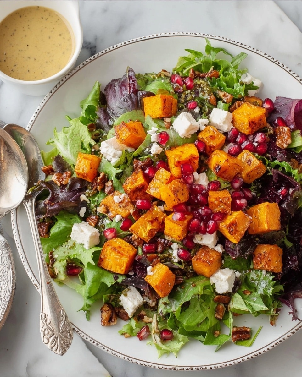 A white plate with a decorative rim holds a colorful salad composed of multiple layers. The base layer is mixed leafy greens with different shades of green and purple, adding texture and depth. On top of the greens are bright orange roasted cubes, some with slight charring, scattered evenly. There are small patches of soft white cheese crumbles spread across the salad. Bright red pomegranate seeds dot the dish, adding pops of color. Small pieces of chopped nuts and bits of brown dried fruit are sprinkled throughout, giving a crunchy contrast. The plate sits on a white marbled surface with a small white bowl of beige dressing and a silver spoon nearby. photo taken with an iphone --ar 4:5 --v 7