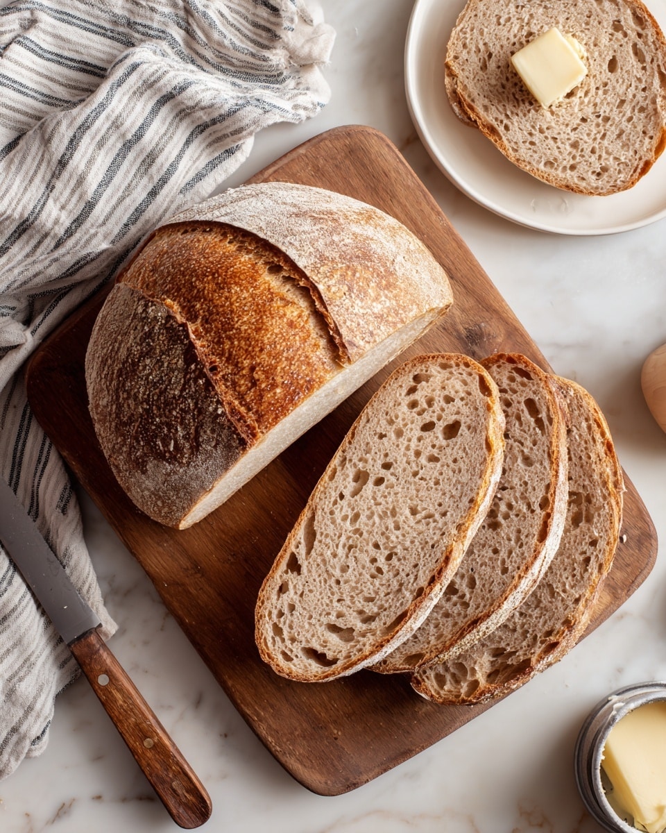 A wooden board holds a round loaf of light brown bread with a thick, crispy crust on the left side and four slices of the bread laid out on the right side. The bread slices have a light brown inside with small air holes. The board is on a white marbled surface. In the upper right corner, a white plate with a slice of the same bread spread with butter is partially visible. A butter dish and a woman’s hand holding a knife with a wooden handle appear on the edges. A striped cloth is in the upper left corner. photo taken with an iphone --ar 4:5 --v 7