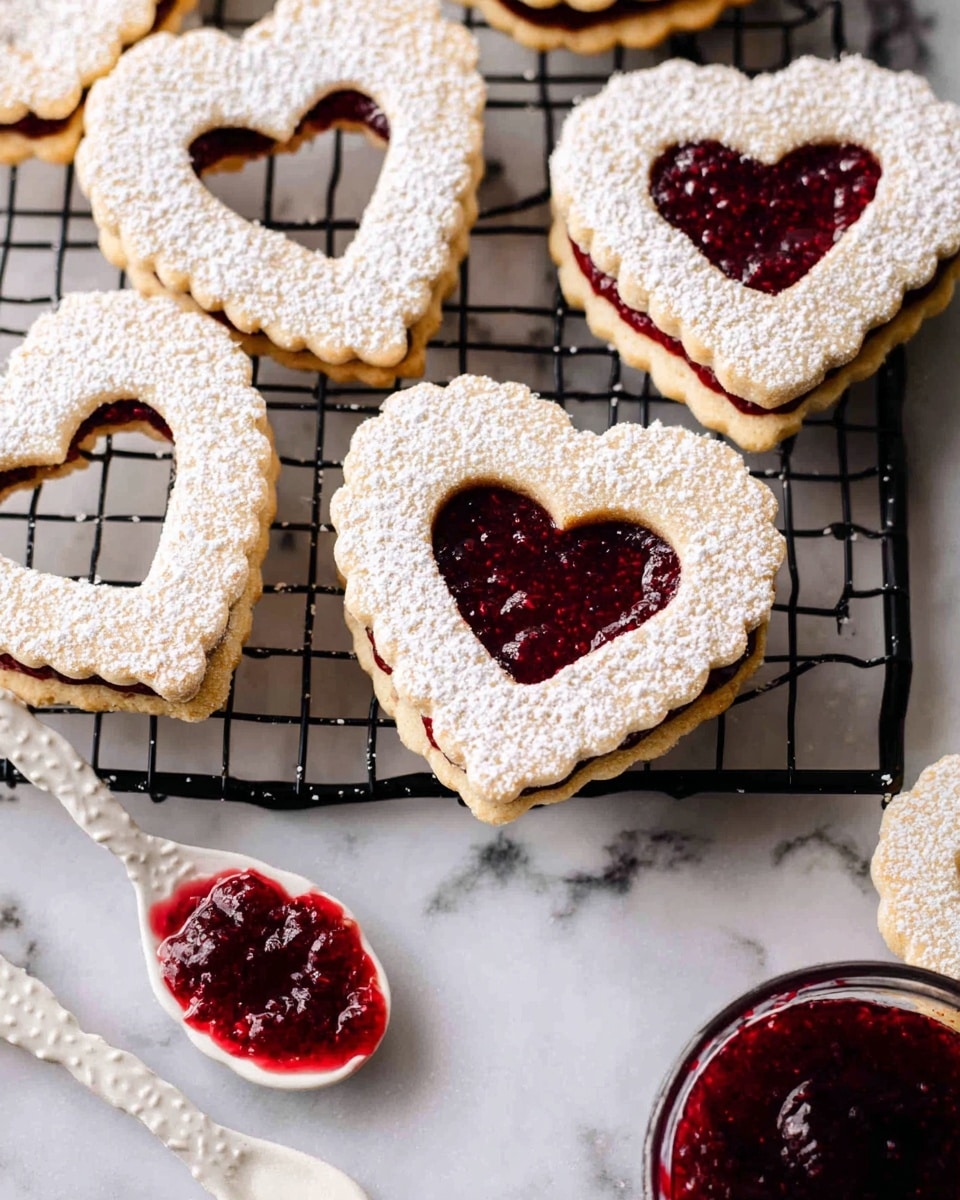 A group of heart-shaped sandwich cookies are shown stacked on a round black wire cooling rack set on a surface with white marbled texture. Each cookie has two layers of light golden brown dough with scalloped edges, filled with a visible red jam layer in the middle. The top cookie layer has a small heart-shaped cutout, revealing the bright red jam inside. The cookies are dusted with a light white powdered sugar on top. In the background, there is a small black bowl filled with powdered sugar, slightly out of focus. Photo taken with an iphone --ar 4:5 --v 7