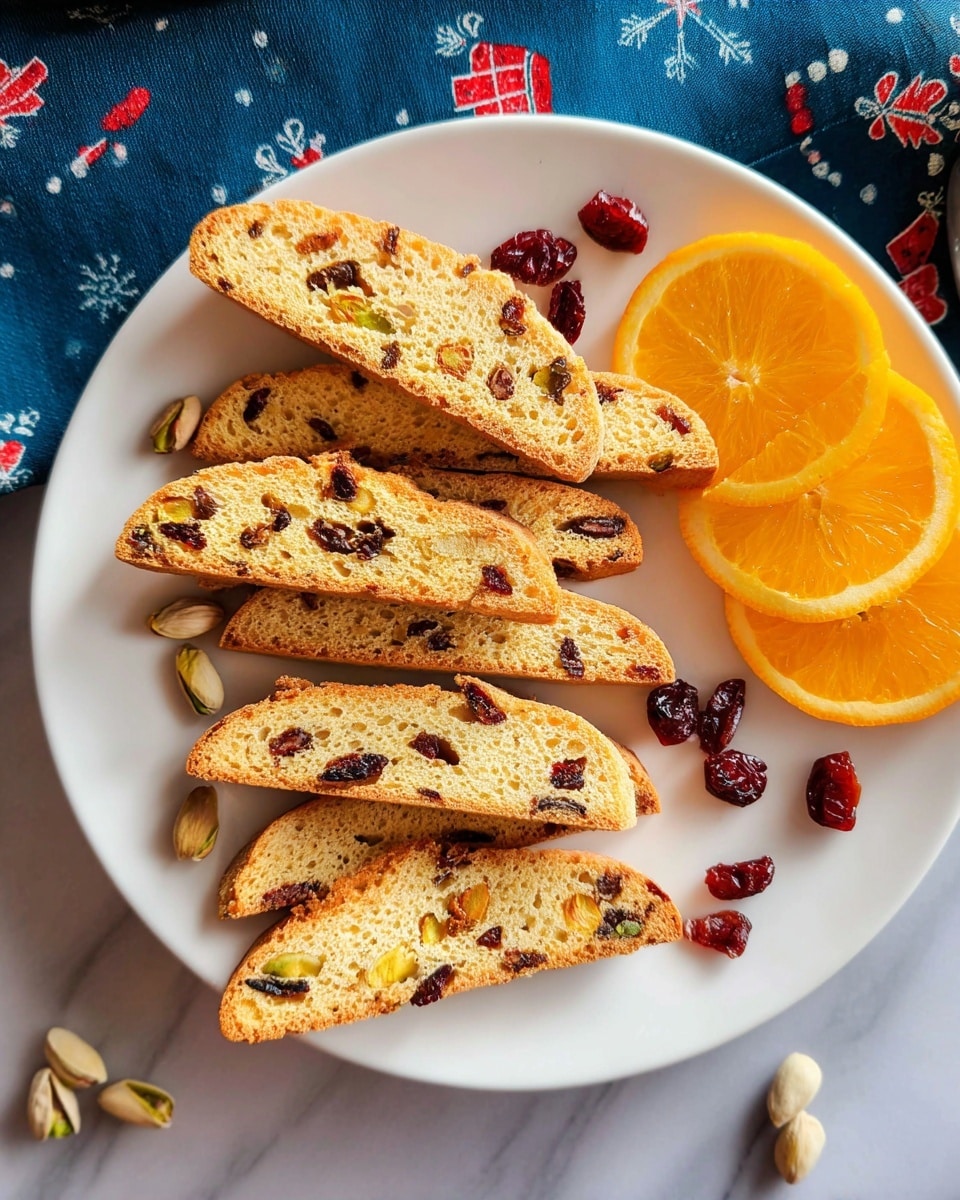 A white plate holds seven long slices of toasted biscotti, each slice golden brown with dark spots from dried fruit and nuts inside. Scattered around the biscotti are some pale pistachio nuts and small dark red dried cranberries. On the right side of the plate, there are two half slices of bright orange with a juicy texture. The plate is placed on a surface with a white marbled texture, and there is a blue cloth with festive holiday patterns partially visible in the background. photo taken with an iphone --ar 4:5 --v 7
