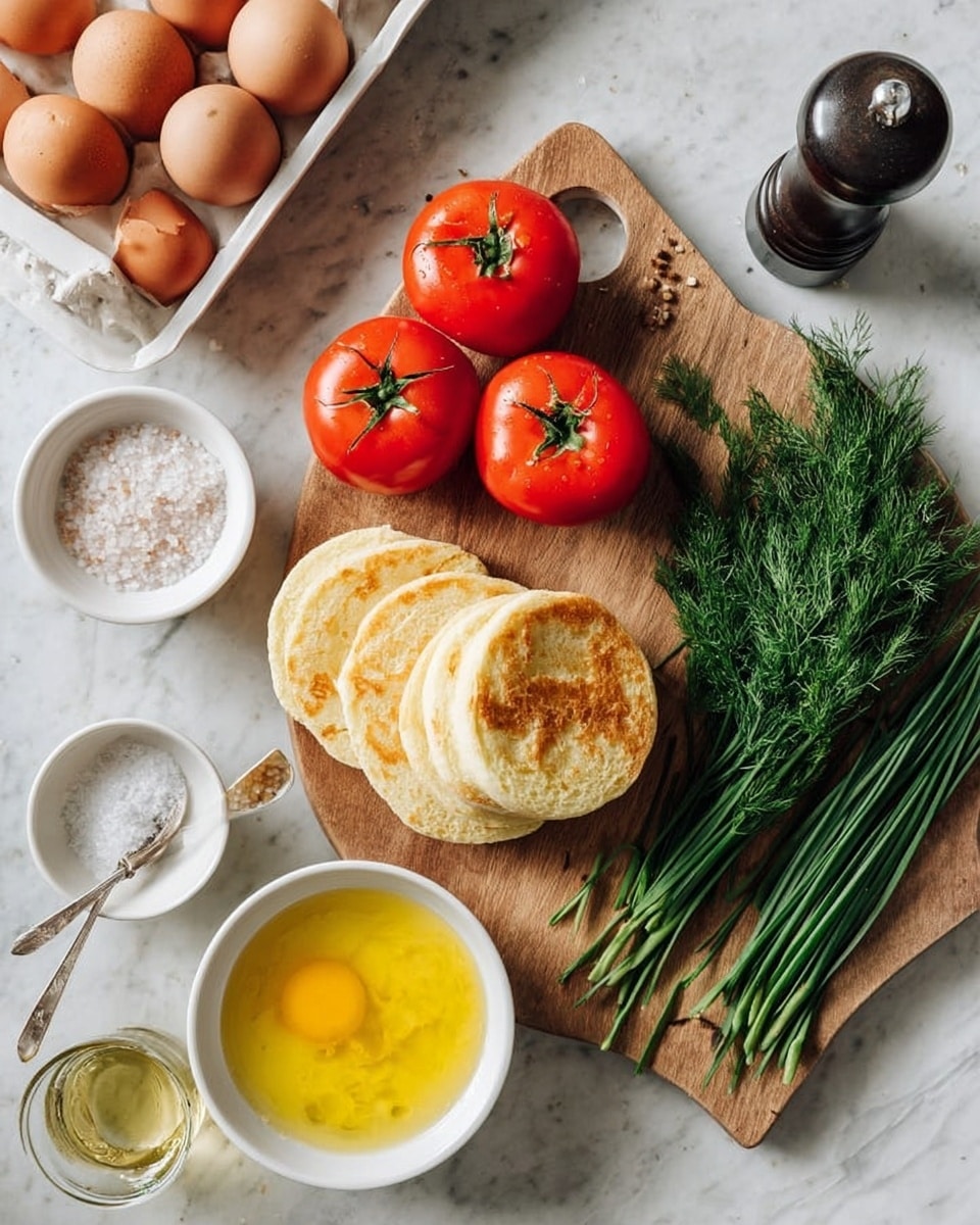 The image shows a wooden cutting board on a white marbled surface. On the board are sliced English muffins with a light golden brown toasted texture, stacked in small piles. There are two bright red tomatoes with green stems near the center. Next to them are fresh green chives, long and thin, and a bunch of dill with feathery leaves. A small white bowl filled with coarse salt is on the left, and a white bowl with a bright yellow sauce or dressing with a silver spoon rests near the bottom. Nearby is a small glass container with clear liquid, likely oil or vinegar. Above the board is a white tray holding brown eggs and a black pepper grinder on the marbled surface. The overall setting is bright and fresh, arranged neatly. photo taken with an iphone --ar 4:5 --v 7