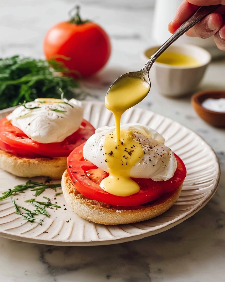 Two servings of an open-faced sandwich sit on a white plate with a ridged edge on a white marbled surface. Each sandwich has three layers visible from bottom to top: a thick, light brown toasted English muffin base, two thick red tomato slices, and a white poached egg sprinkled with black pepper. On one sandwich, a woman's hand is pouring bright yellow hollandaise sauce from a spoon, drizzling it onto the egg. In the background, there are green herbs, a whole red tomato, and small bowls that contain yellow sauce and white seasoning. Photo taken with an iphone --ar 4:5 --v 7