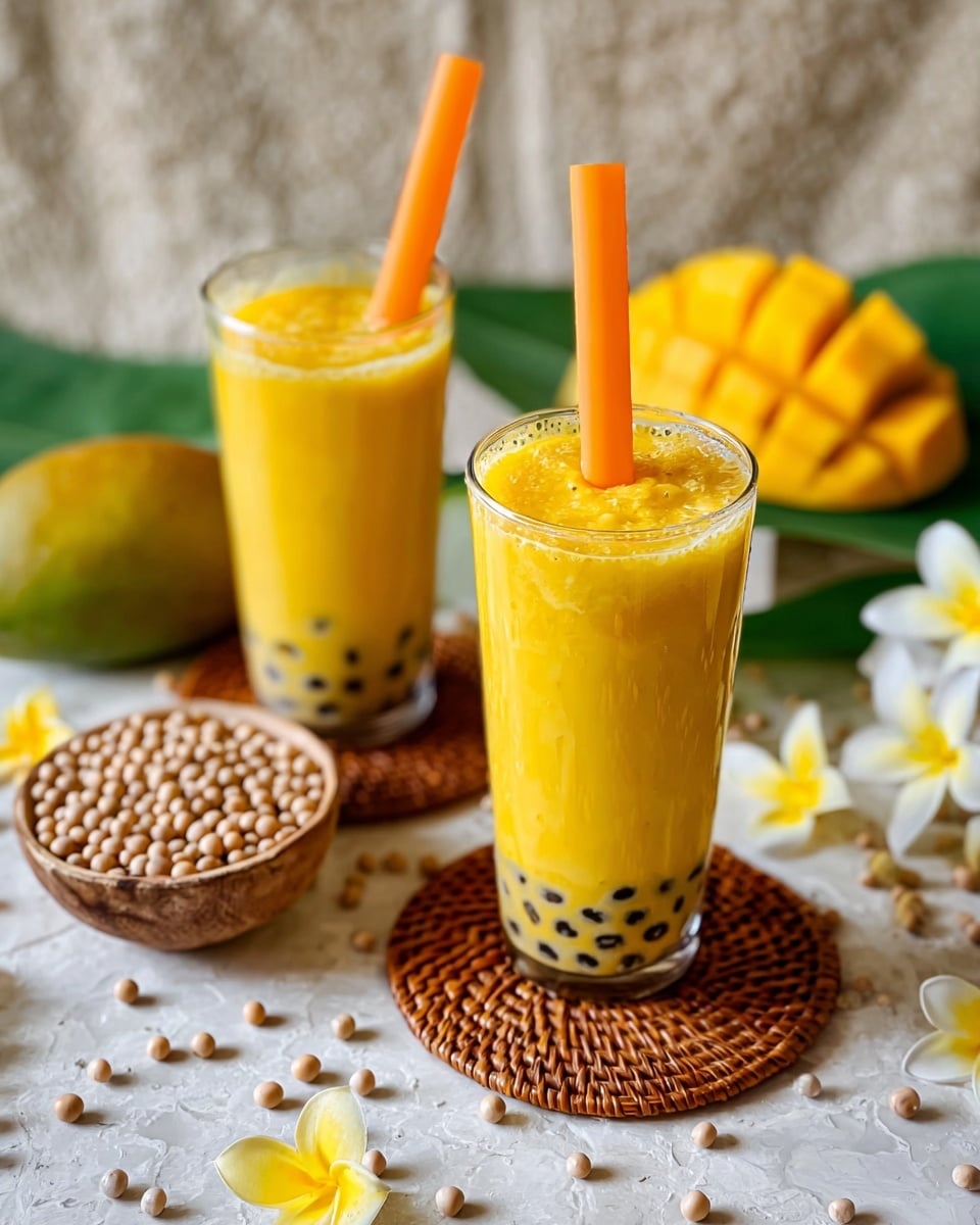 Two tall clear glasses are filled with a bright yellow mango smoothie, each topped with a thick layer of orange bubbles at the bottom, likely tapioca pearls, and a large orange and yellow straw standing upright in the center. The glasses rest on round wooden coasters placed on a woven mat, all set on a white marbled surface scattered with small beige round pearls. In the background, there is a mango sliced in a grid pattern showing its bright yellow flesh, along with some white and yellow flower petals. A small bowl filled with beige round pearls is also visible, adding texture and context to the scene. The photo taken with an iphone --ar 4:5 --v 7