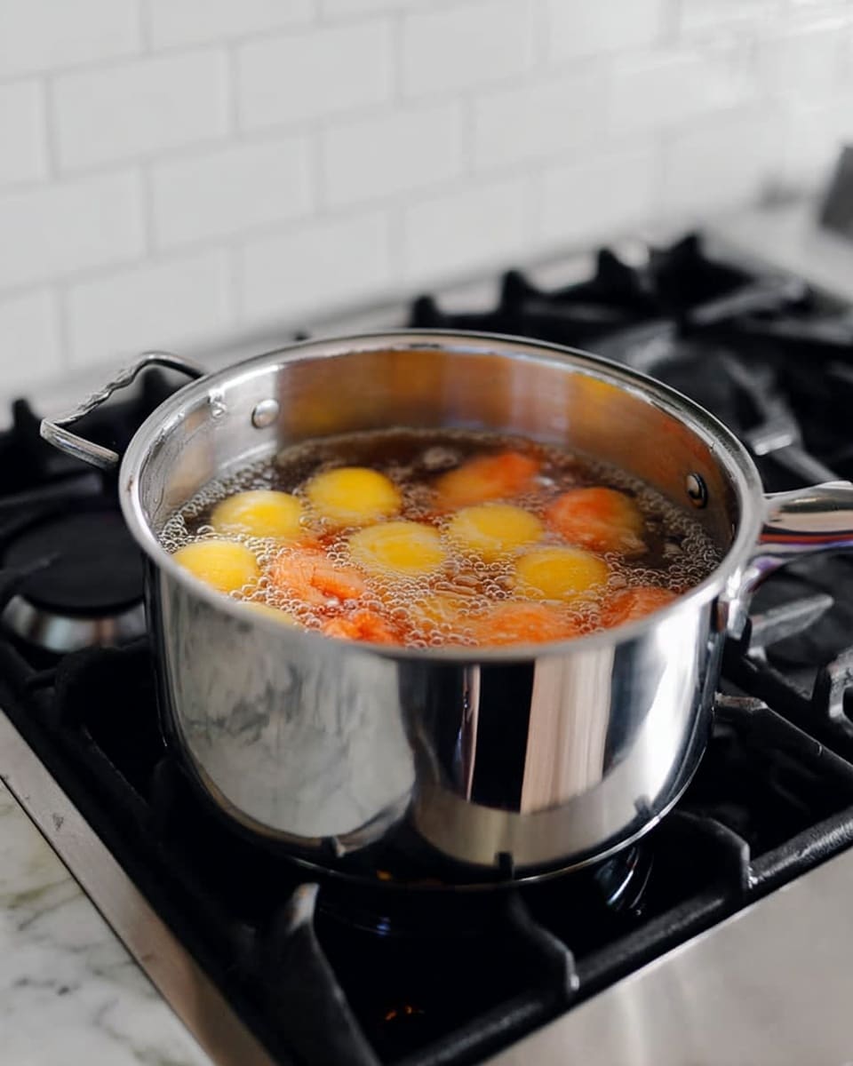 A shiny silver pot sits on a black stove with burners and knobs visible. Inside the pot, there are several yellow round pieces and chunks of orange pieces floating in clear boiling water with bubbles forming on the surface. The background shows white tiled walls, and everything is placed on a white marbled texture. The scene shows the food cooking on the stove. photo taken with an iphone --ar 4:5 --v 7