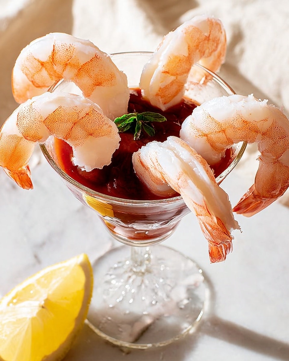 A clear glass cocktail cup filled with dark red cocktail sauce in the center sits on a white marbled surface. Five large pink shrimp with white stripes are hanging around the rim of the glass, their tails pointing outward. A pale yellow lemon wedge leans against the side of the glass, with a small green herb leaf beneath it inside the cup. The background is softly lit and bright. photo taken with an iphone --ar 4:5 --v 7
